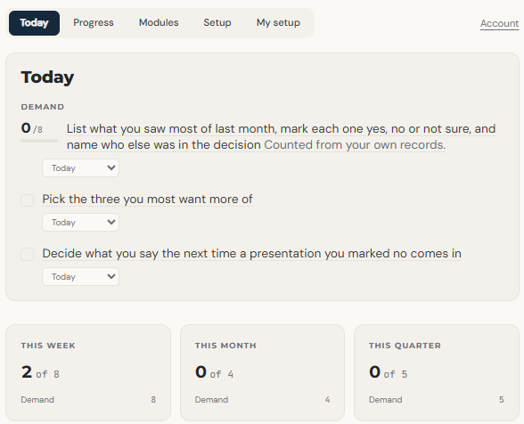 The Today page, listing the week's actions grouped by track.